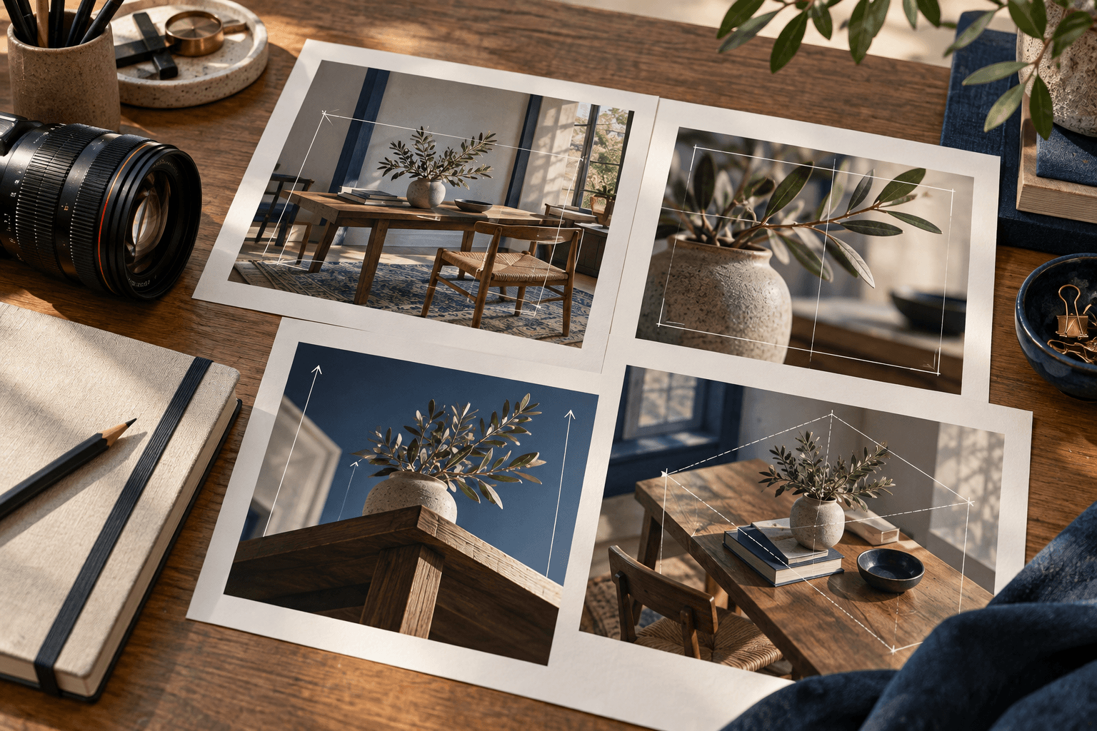 Camera lens and composition studies arranged on an editorial studio desk