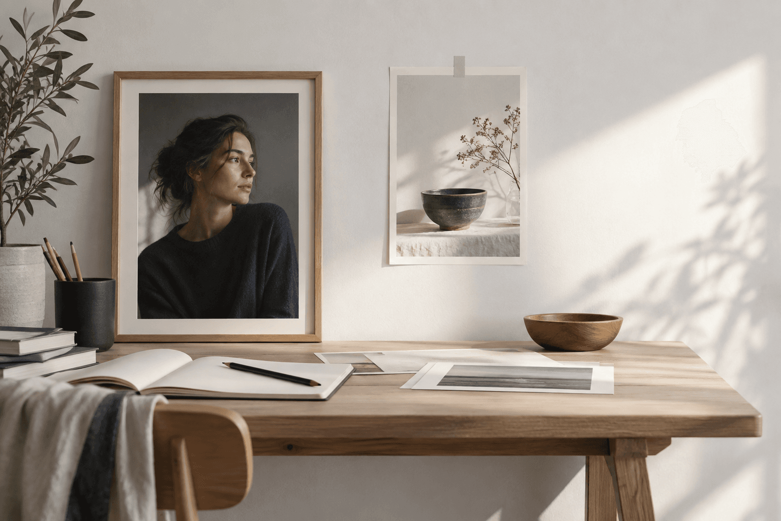 Editorial studio desk with a portrait and product print arranged with generous intentional negative space