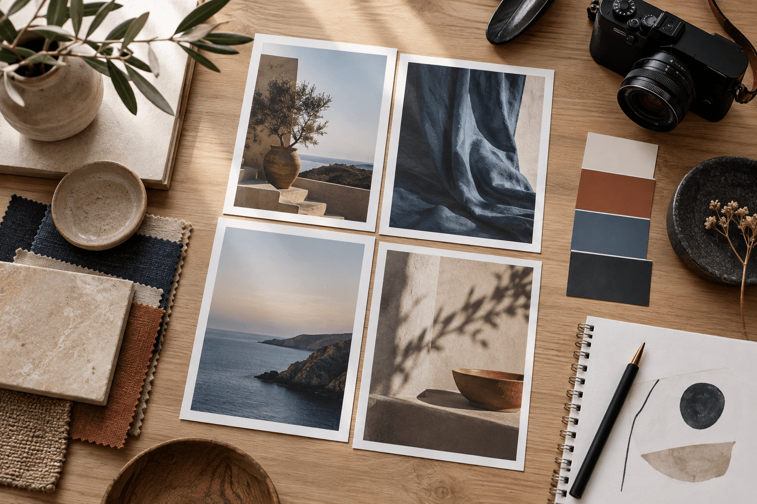 Top-down editorial studio table with image swatches, material samples, color chips, and a notebook