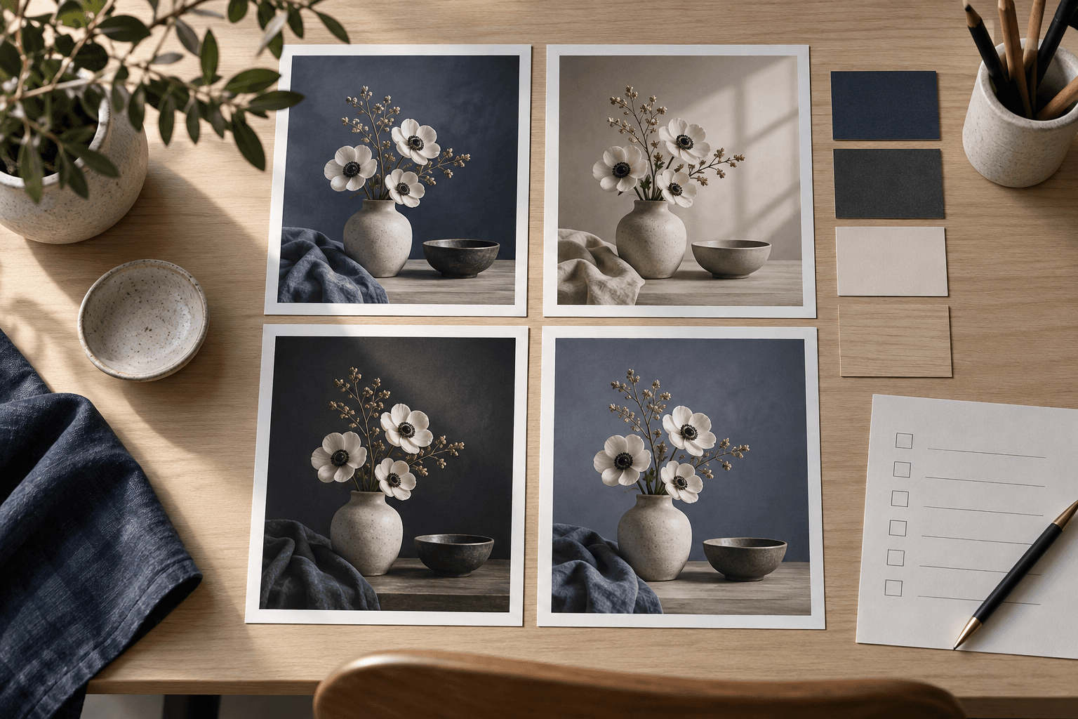 Editorial desk with image frames in square, portrait, landscape, and tall vertical proportions