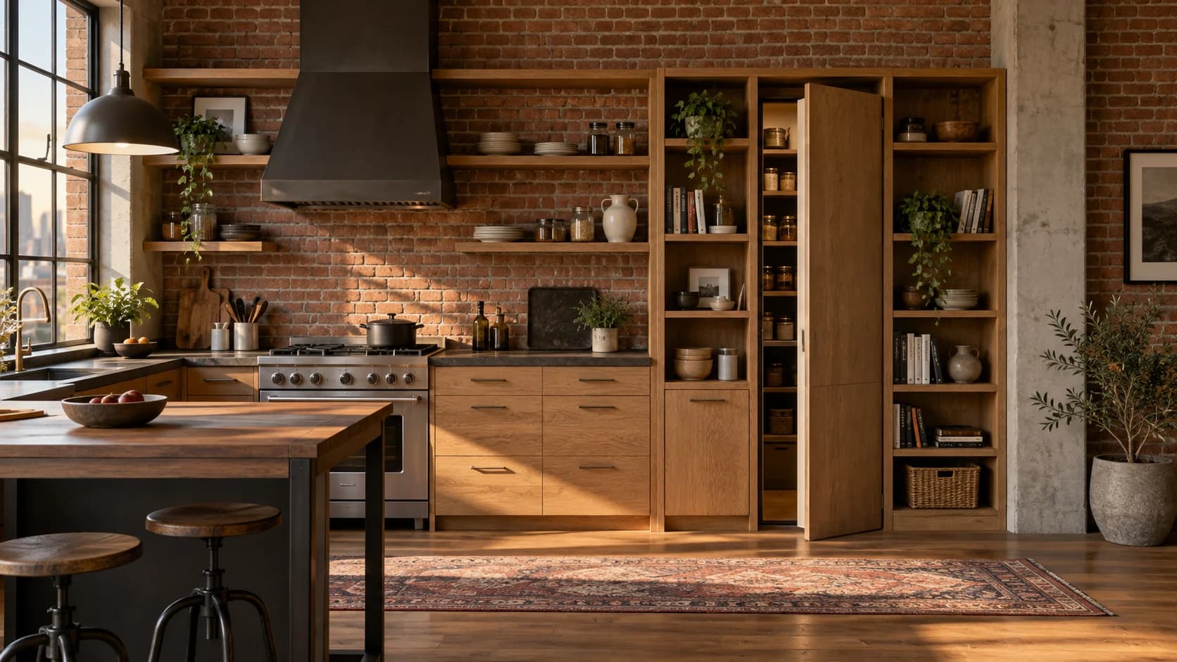 a small library and guest room in a quiet city apartment with custom joinery, a diagonal view connecting the reading and sleeping zones with layered evening lamps