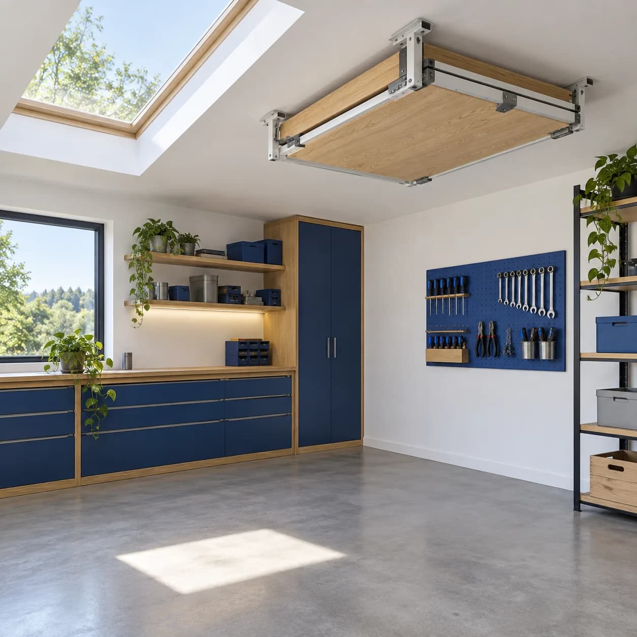 a compact repair studio in a ceiling-mounted folding workbench, a community workshop