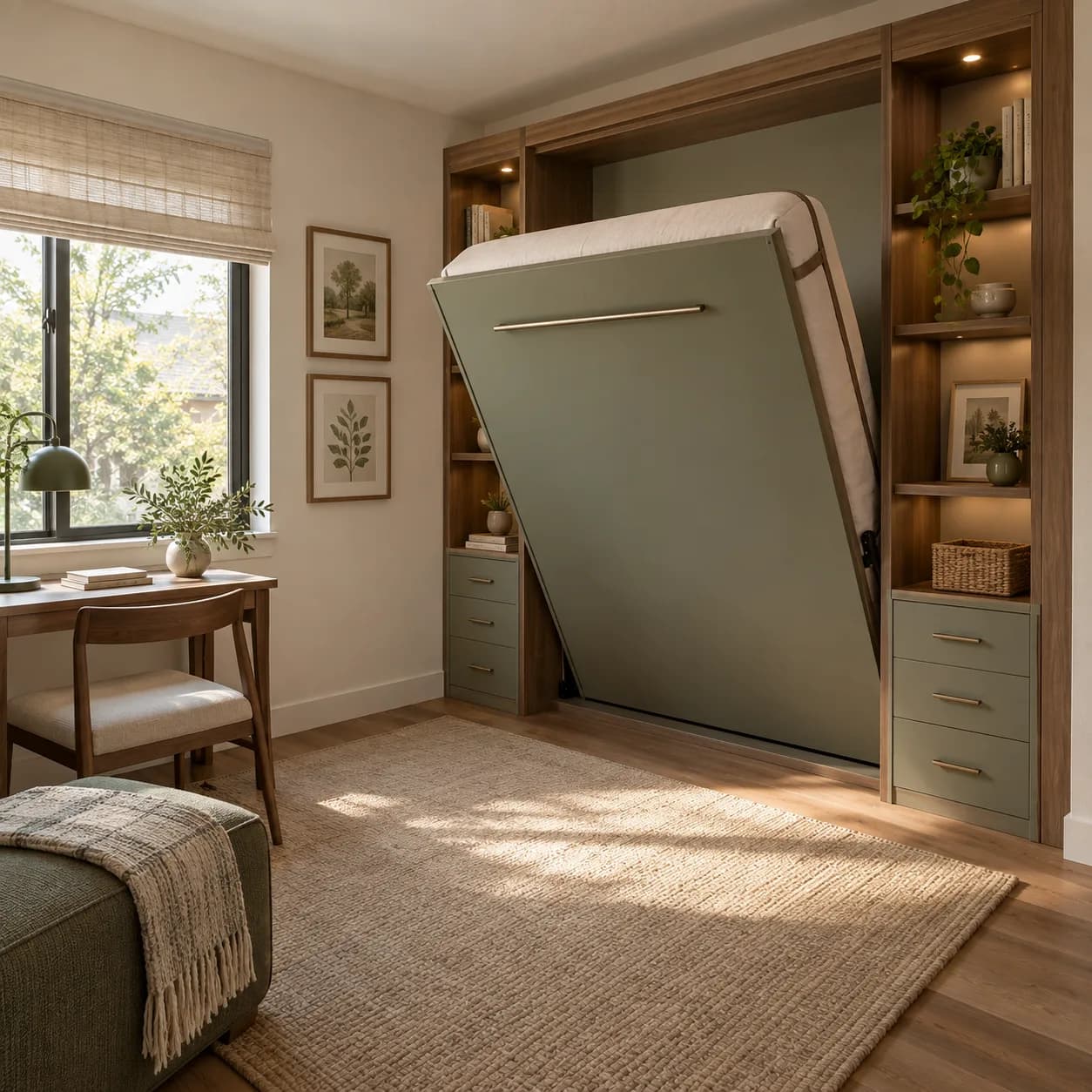 a tiny guest room in a sliding wall bed with integrated shelves, a small apartment