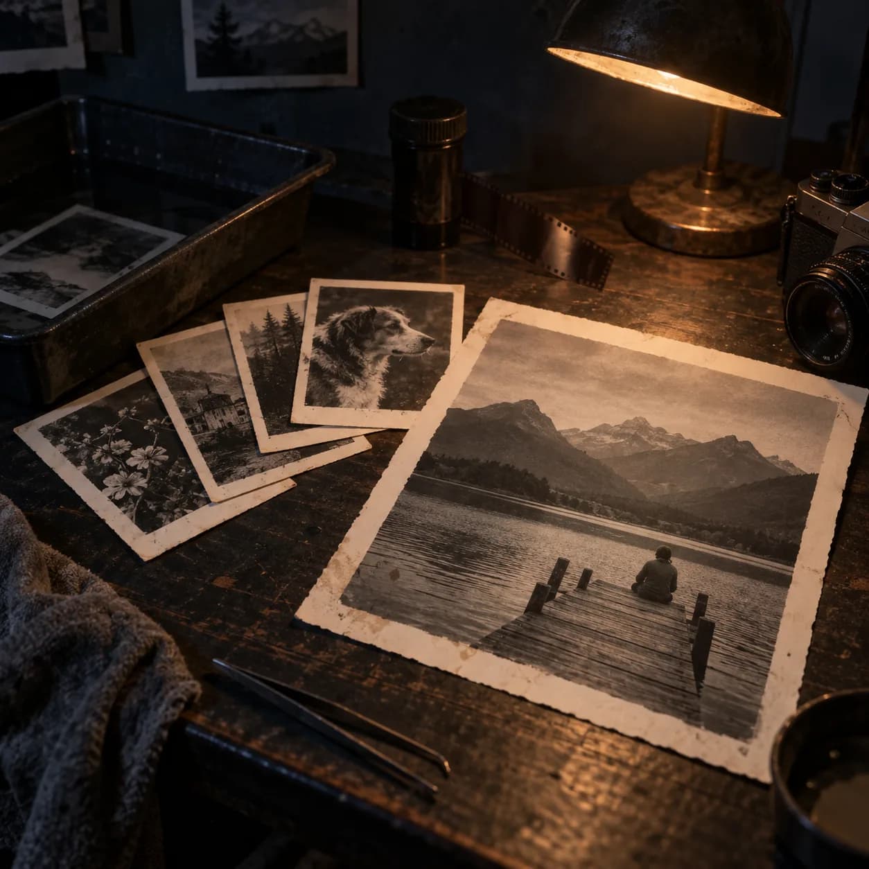 architectural night studies in small fiber prints, a dark editing desk