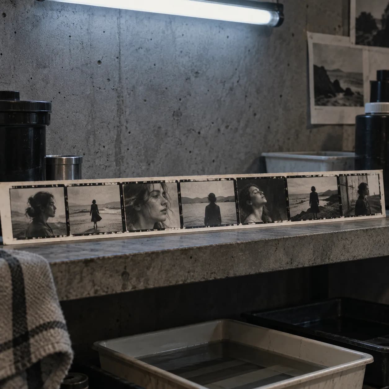 family-free street fragments in handwritten-free proof strips, a concrete studio shelf