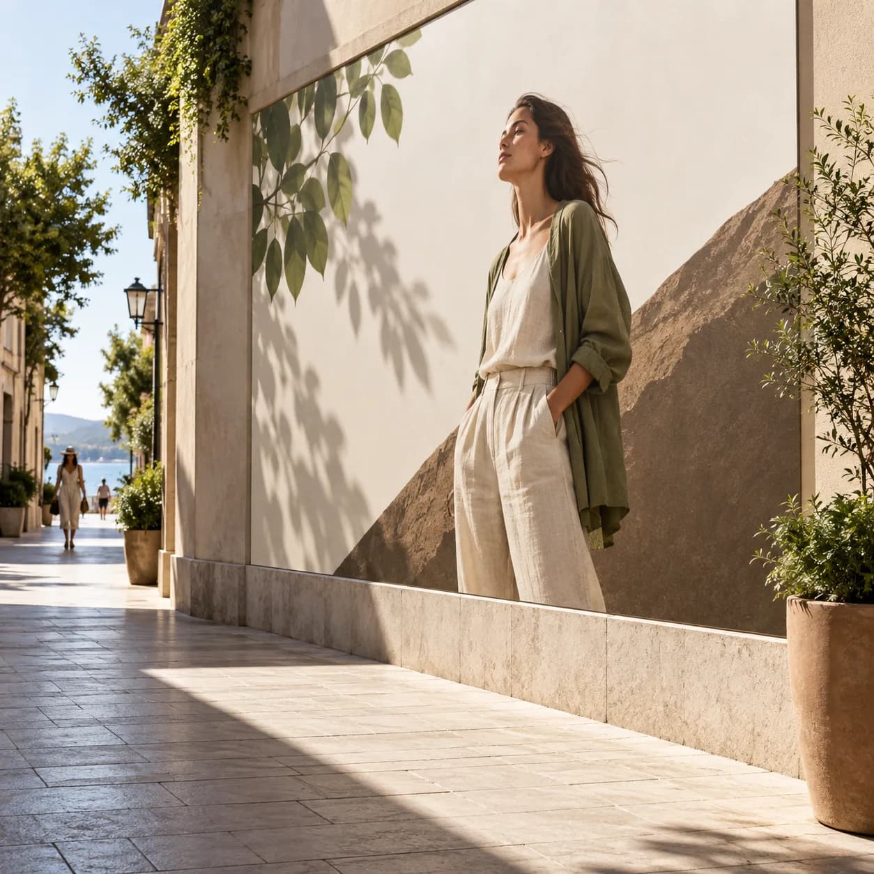 a sustainable clothing campaign photograph in a sunlit pedestrian lane, long perspective with negative space