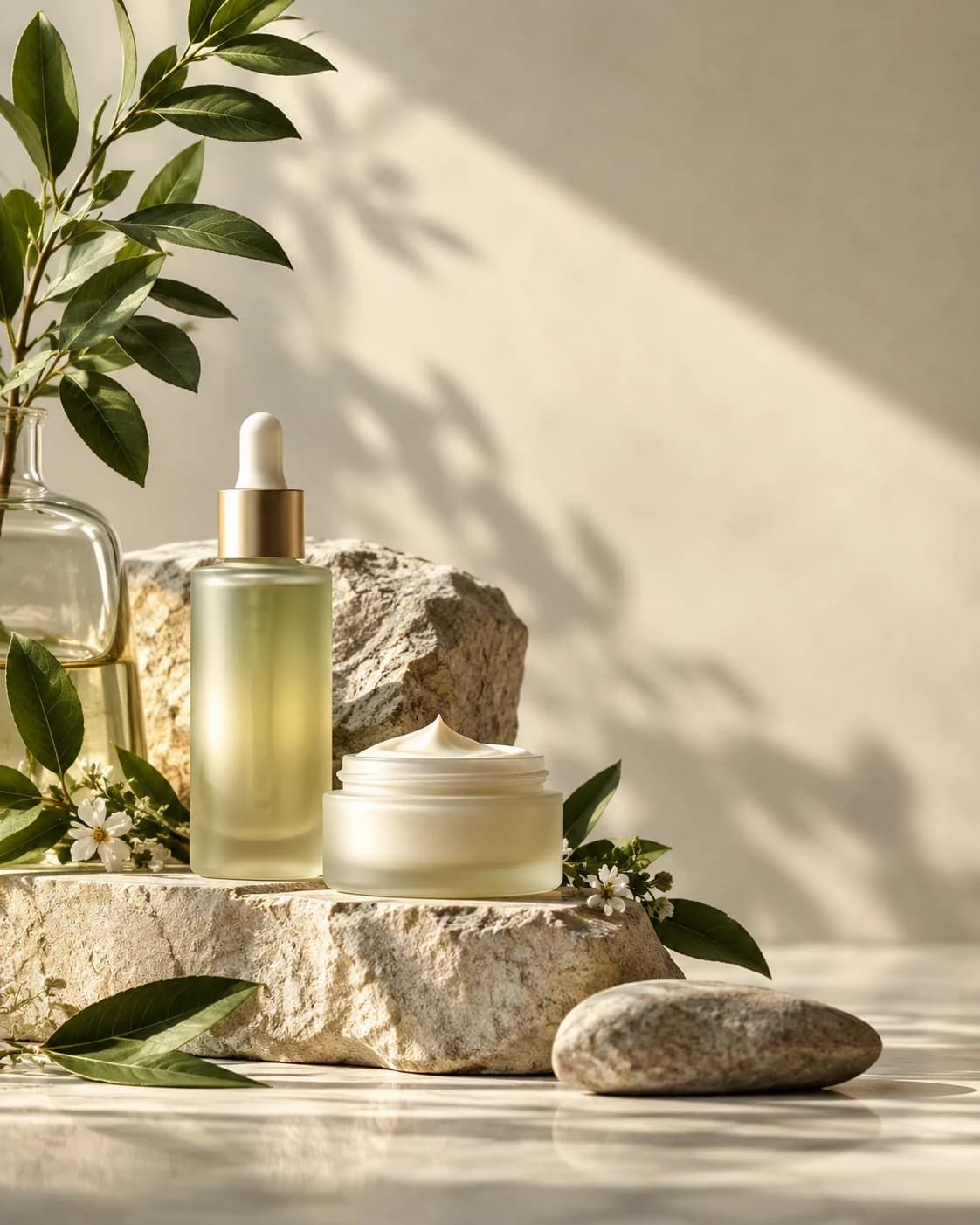 a botanical skincare launch in a minimal stone studio, a left-weighted hero composition with clean copy space with soft directional daylight