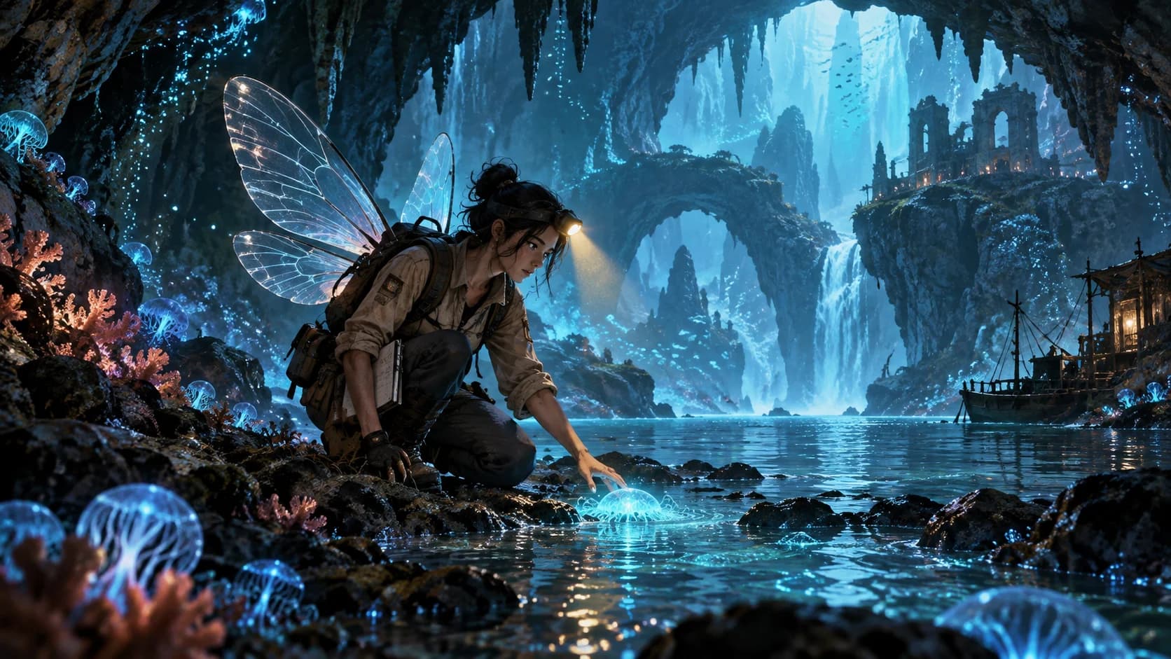 a masked seed courier with a hand-built glider in a high-altitude forest grown across giant stone ribs, a diagonal action keyframe with the glider above the canopy with bright cloud-break light