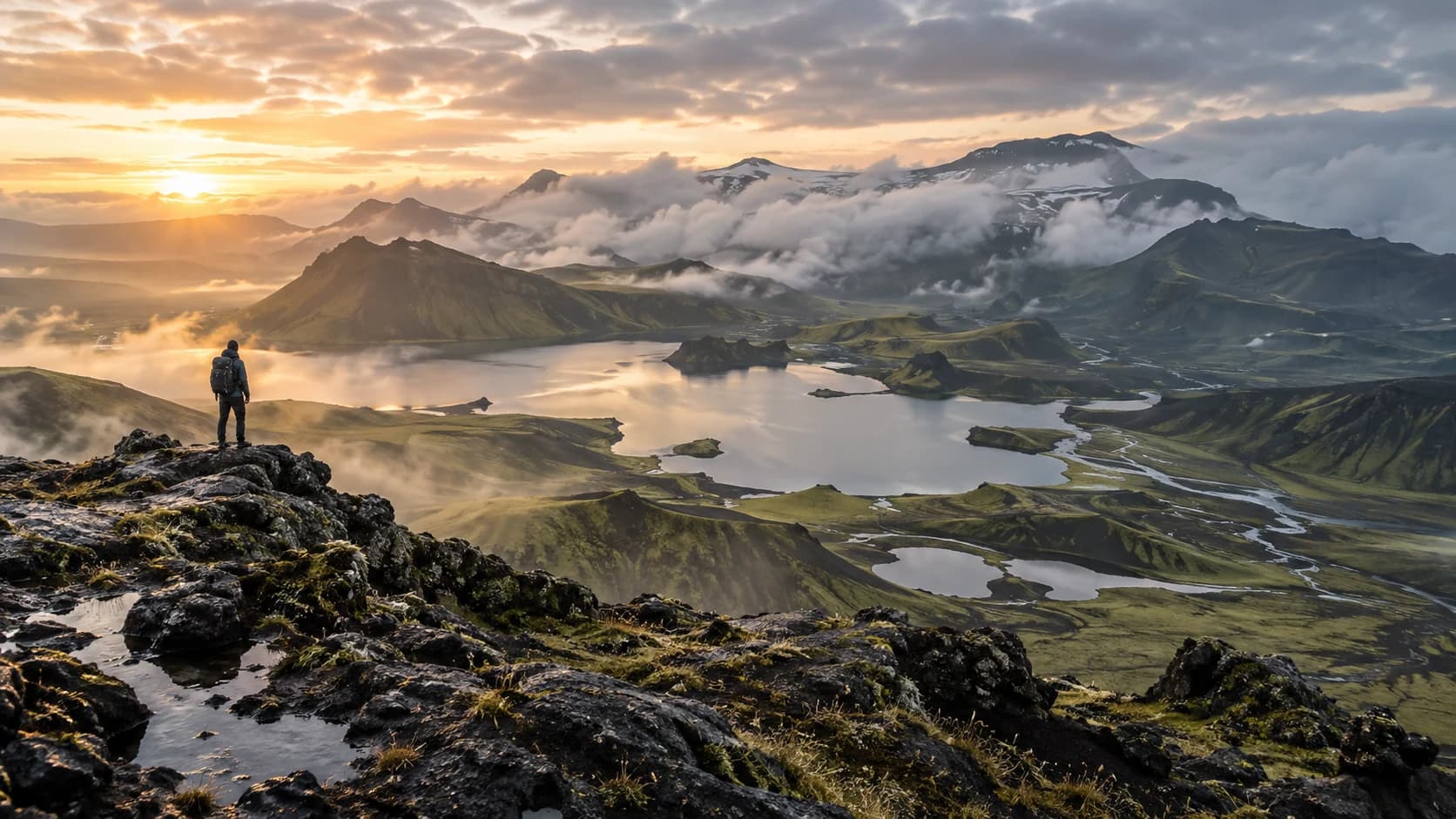 a misty volcanic highland with a solitary hiker in cool dawn after rain, a wide layered landscape with soft diffused sunrise