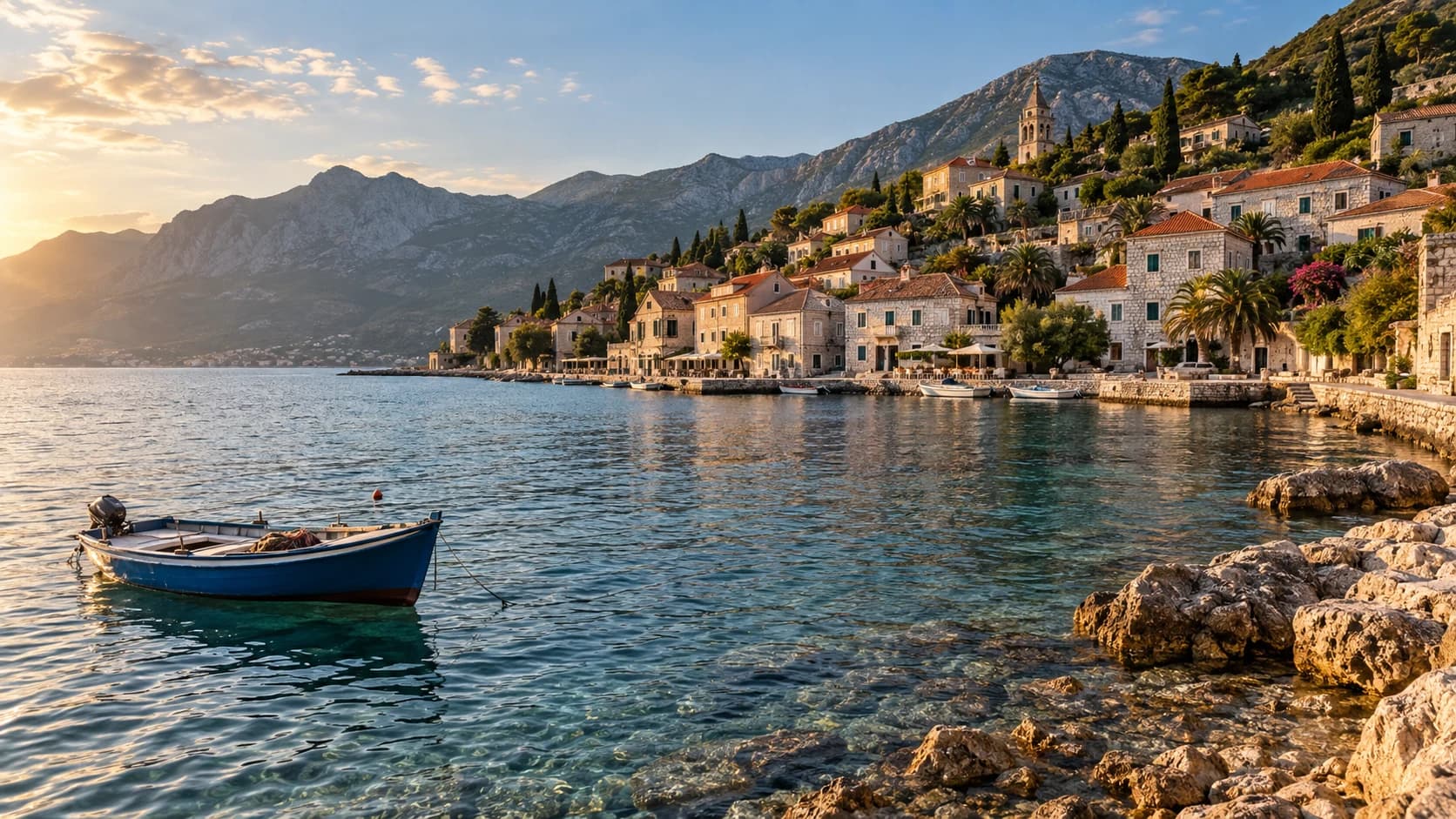 a Mediterranean fishing village with a small blue boat in clear late afternoon, a shoreline perspective with warm low sun