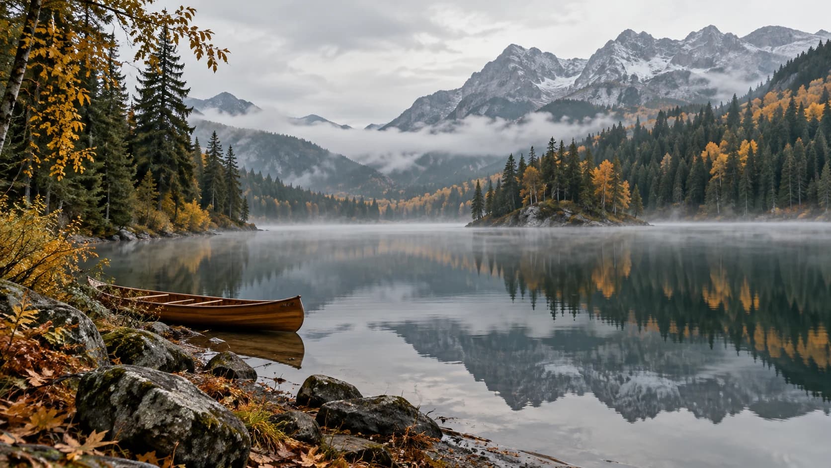 a northern forest lake with a wooden canoe in quiet autumn morning, a balanced lake reflection with pale overcast light