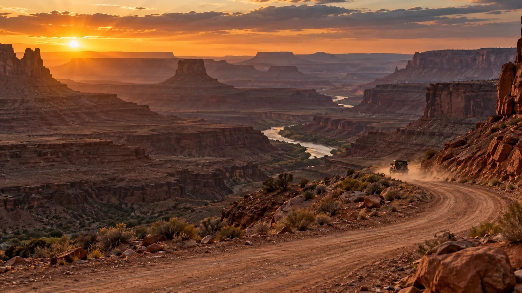 a desert canyon road with a distant off-road vehicle in dry sunset with dust haze, a leading-line vista with deep amber side light