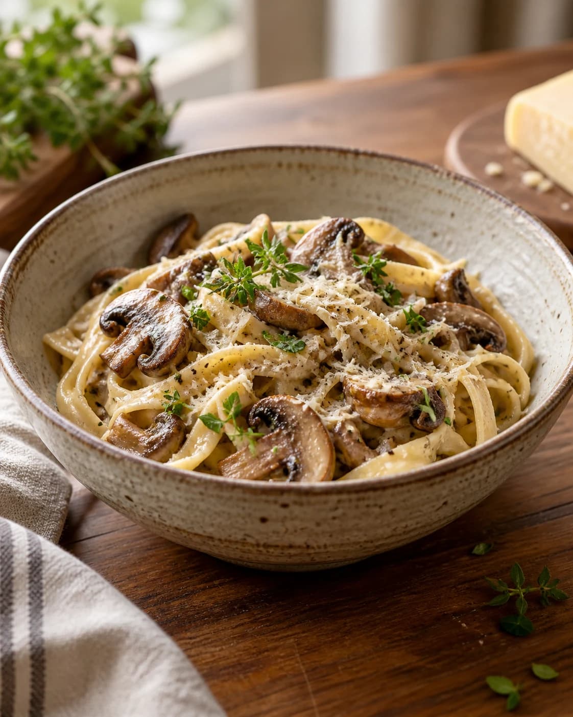 rustic mushroom pasta in a hand-thrown ceramic bowl on a warm wooden table, a three-quarter close view with soft window light