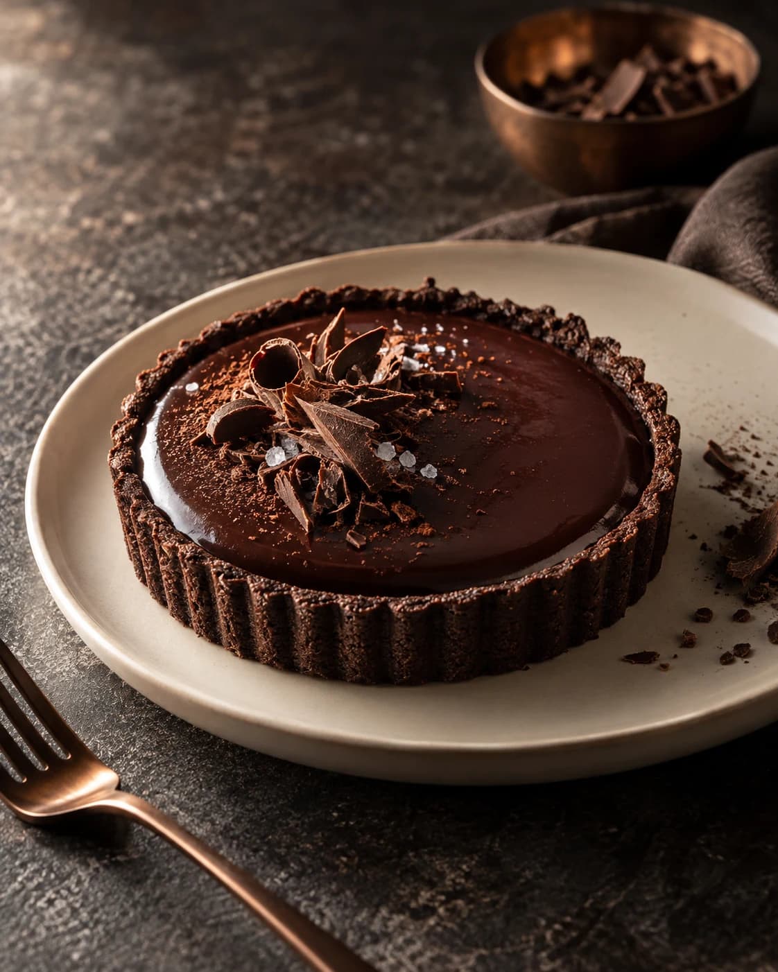 dark chocolate tart in a minimal ivory dessert plate on a moody stone counter, a close three-quarter view with dramatic side light