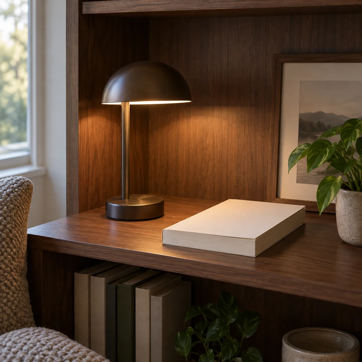 a small reading lamp in walnut shelf, calm reading nook