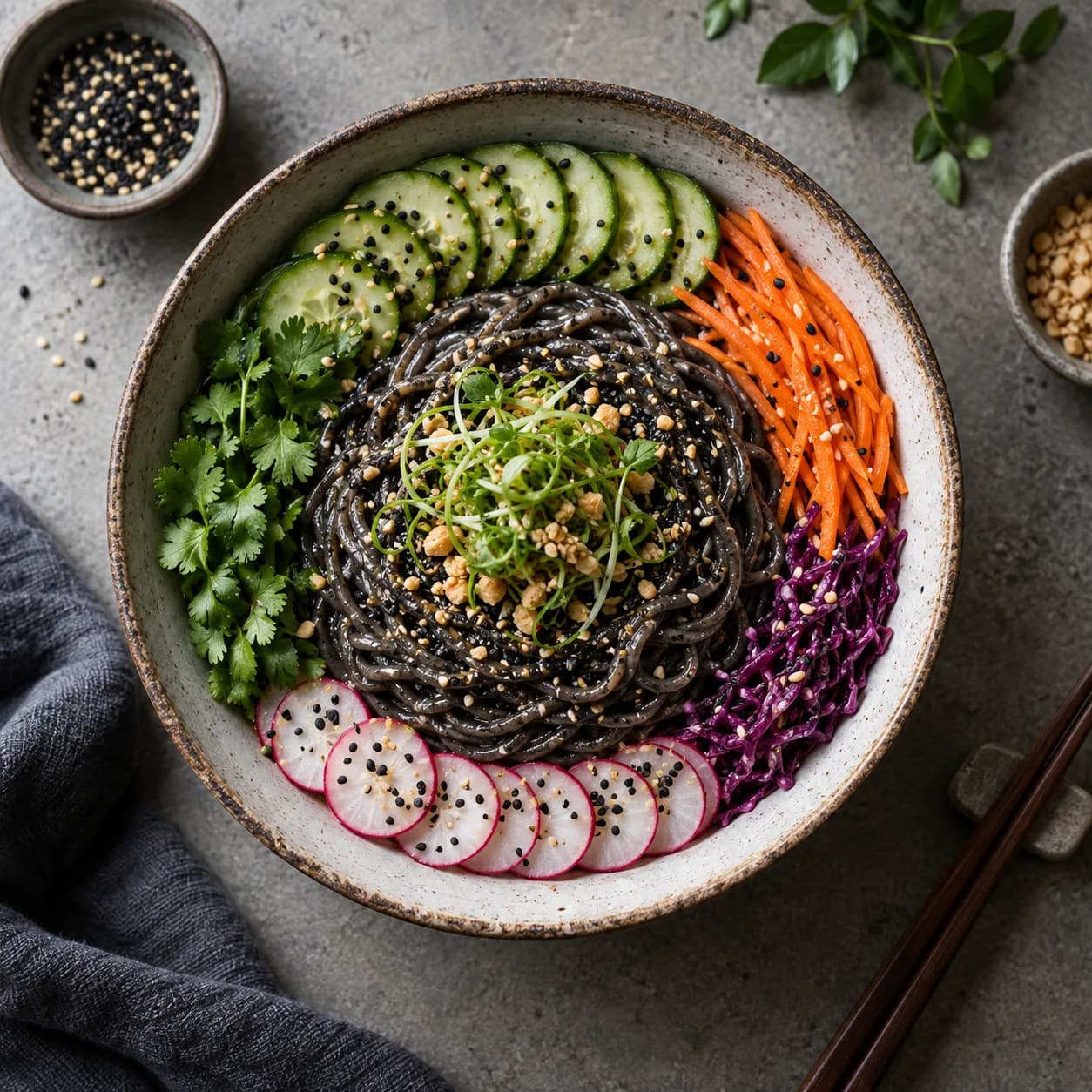 a bowl of black sesame noodles in concentric garnish bands, matte ceramic plate