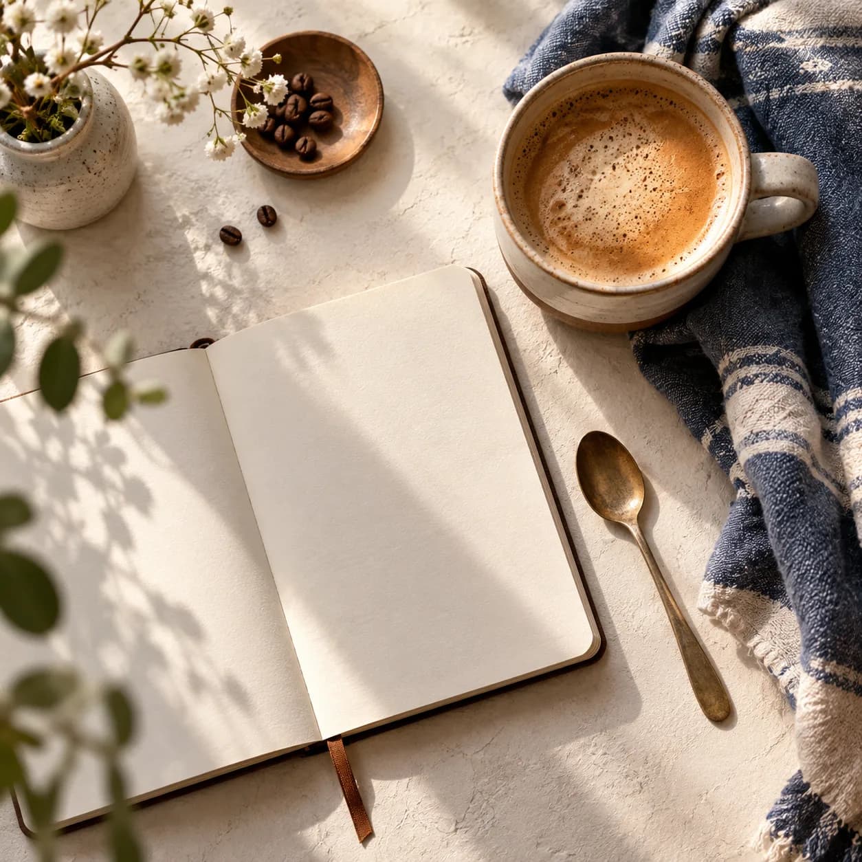 a slow morning coffee ritual in a mug, open notebook, spoon, and folded cloth, small kitchen table