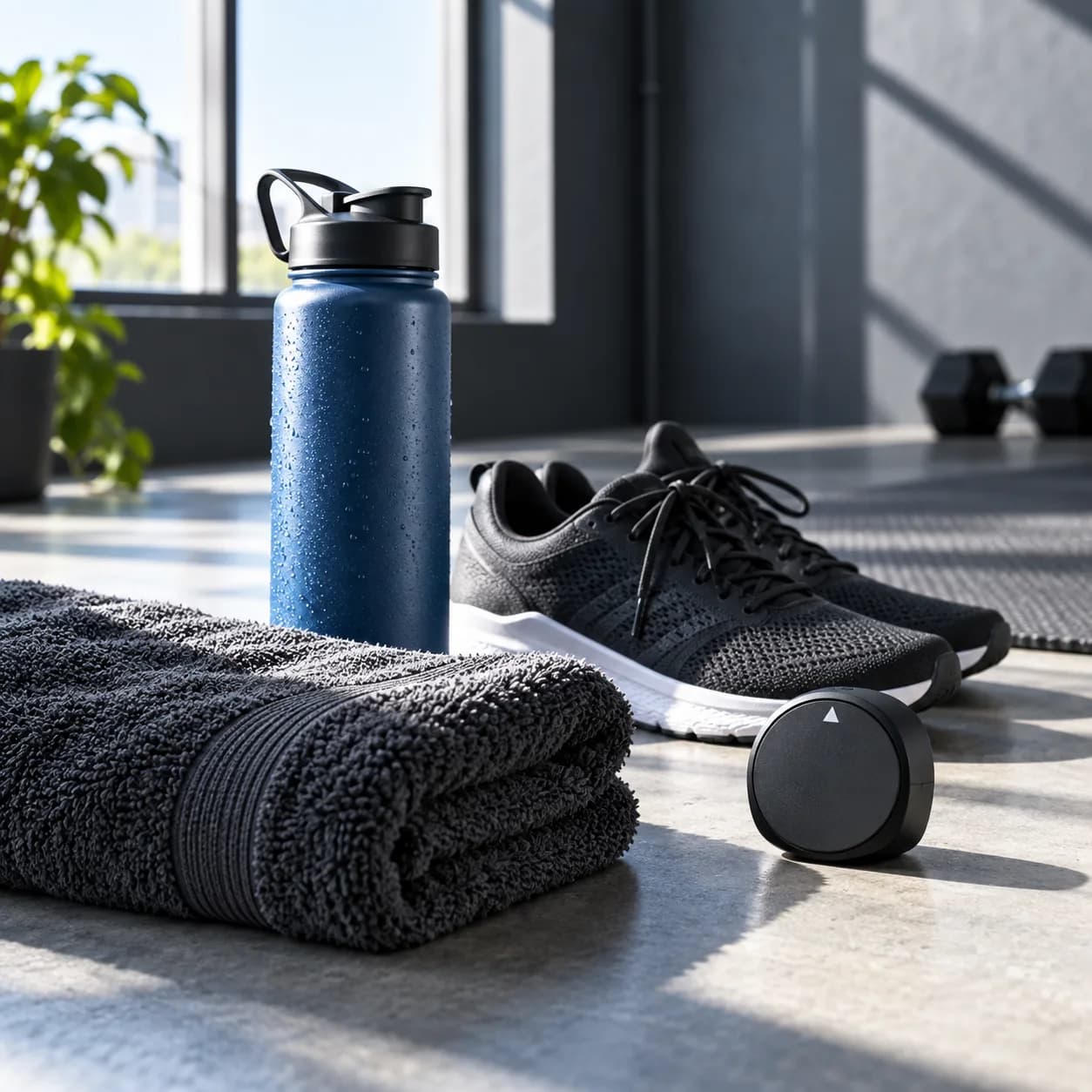 a pre-workout preparation ritual in a towel, water bottle, shoes, and timer without digits, gym bench