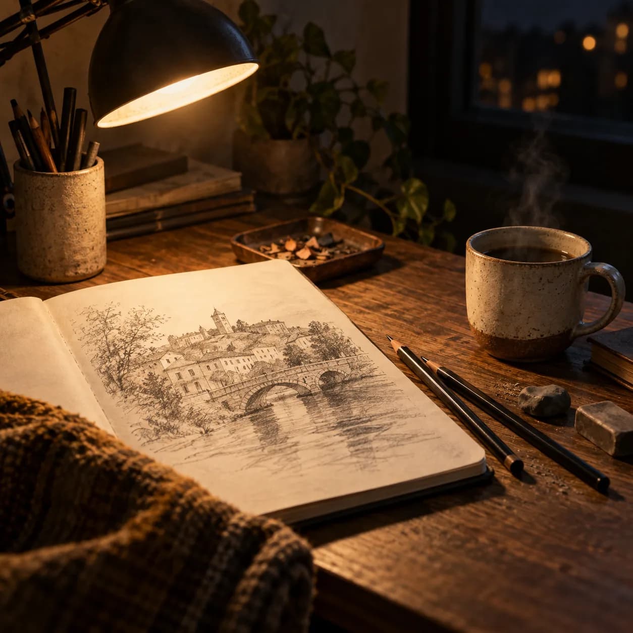 a late-night sketching ritual in paper, graphite tools, lamp, and ceramic cup, studio desk