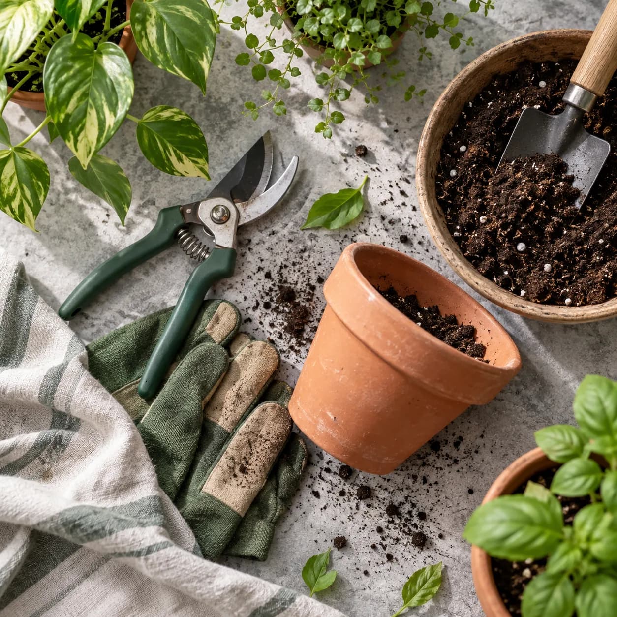 a Sunday plant-care ritual in pruning shears, gloves, soil, and terracotta pot, balcony table