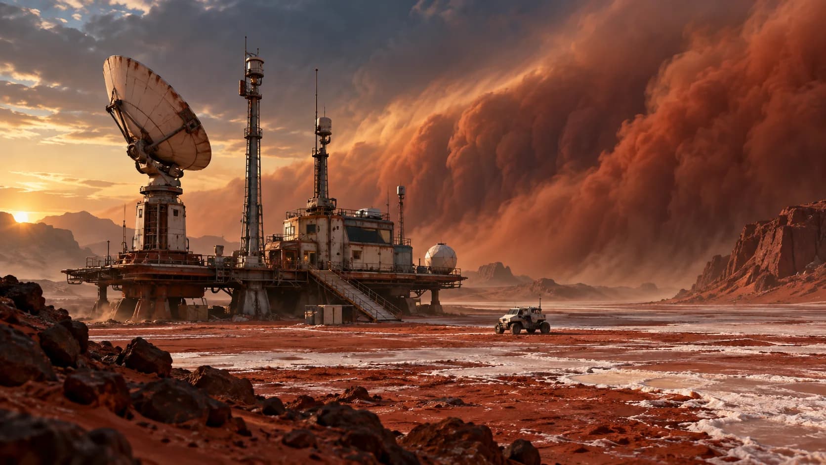 a crawler weather station; a red desert basin; a dust storm front