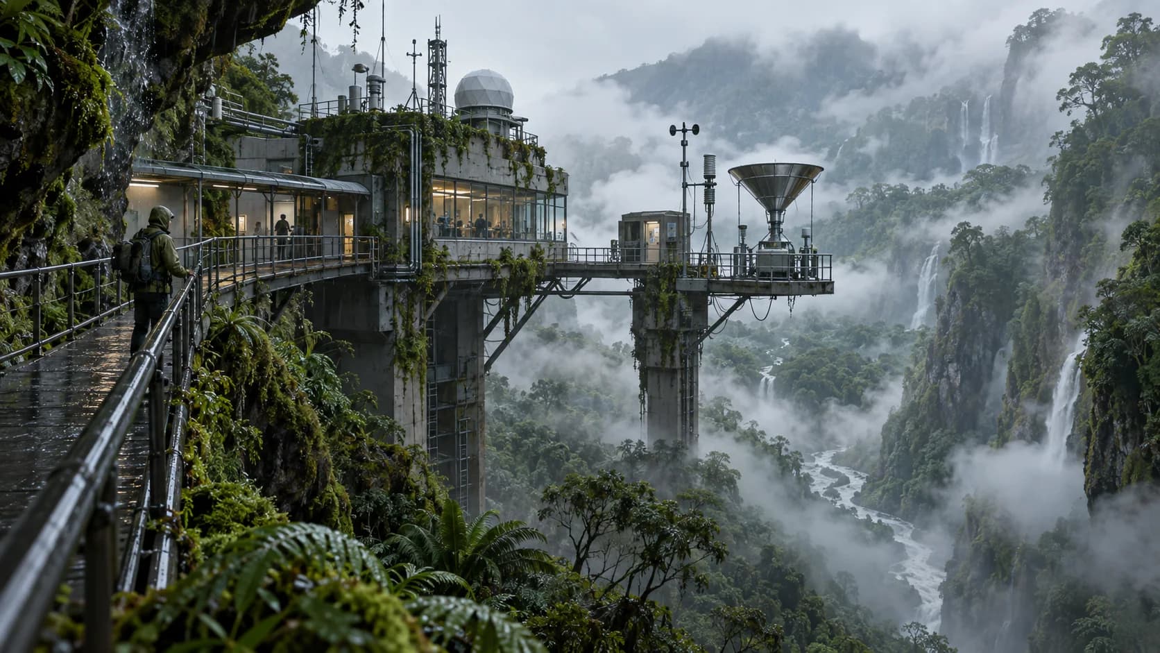 a rainforest cloud station; a flooded jungle escarpment; extreme rainfall bands