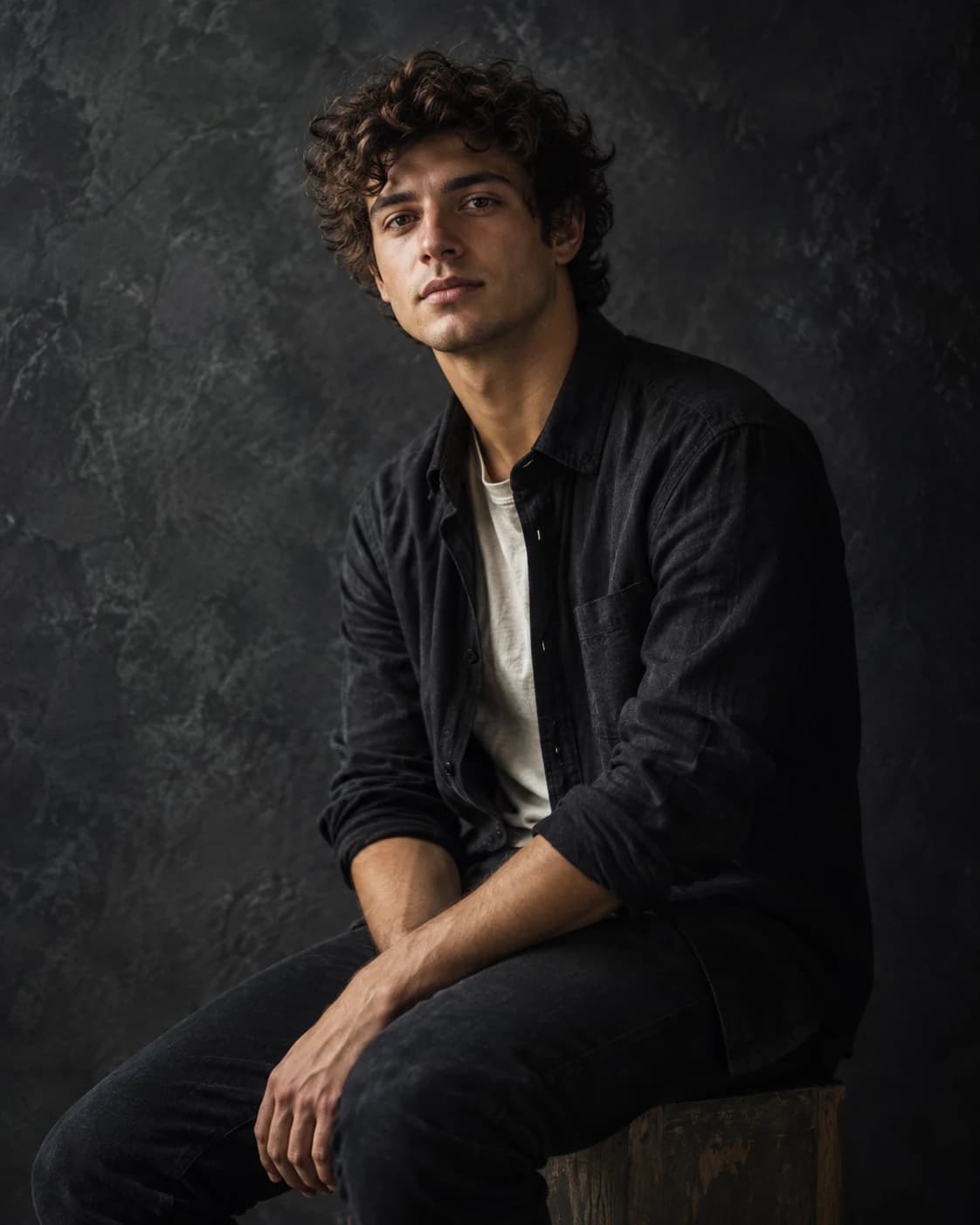 a young man with curly hair in a dark studio with textured plaster, an environmental three-quarter portrait with a gentle cool key light