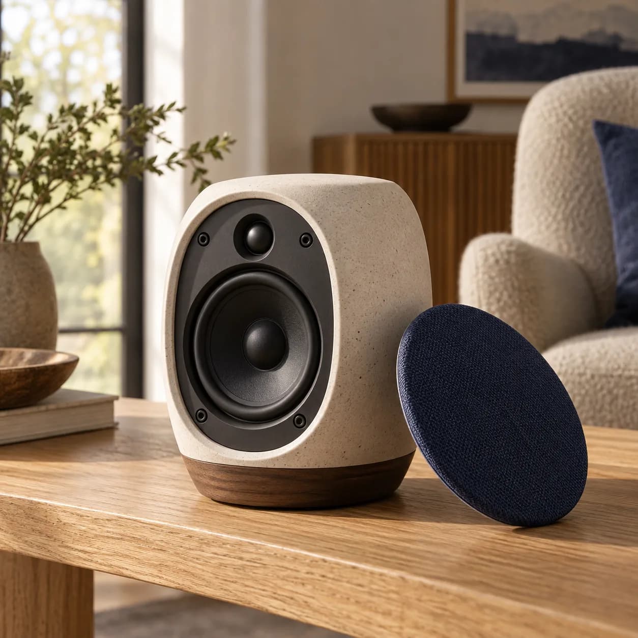 a portable ceramic speaker in natural oak, calm listening room
