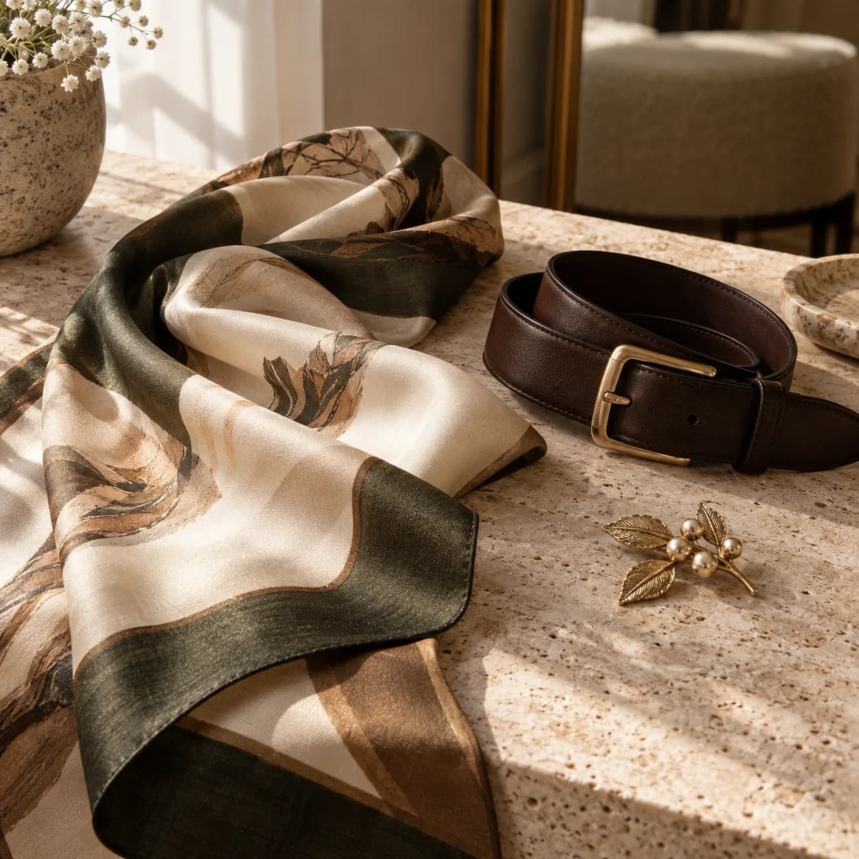a silk scarf, leather belt, and small metal brooch in a gallery opening, travertine slab