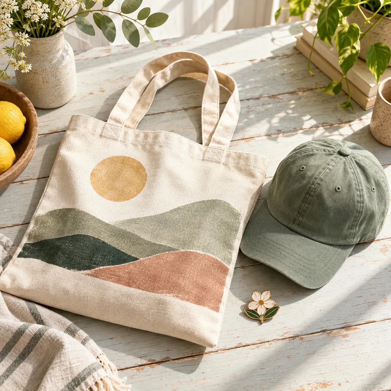 a canvas tote, cotton cap, and enamel pin in a weekend market, painted wood table