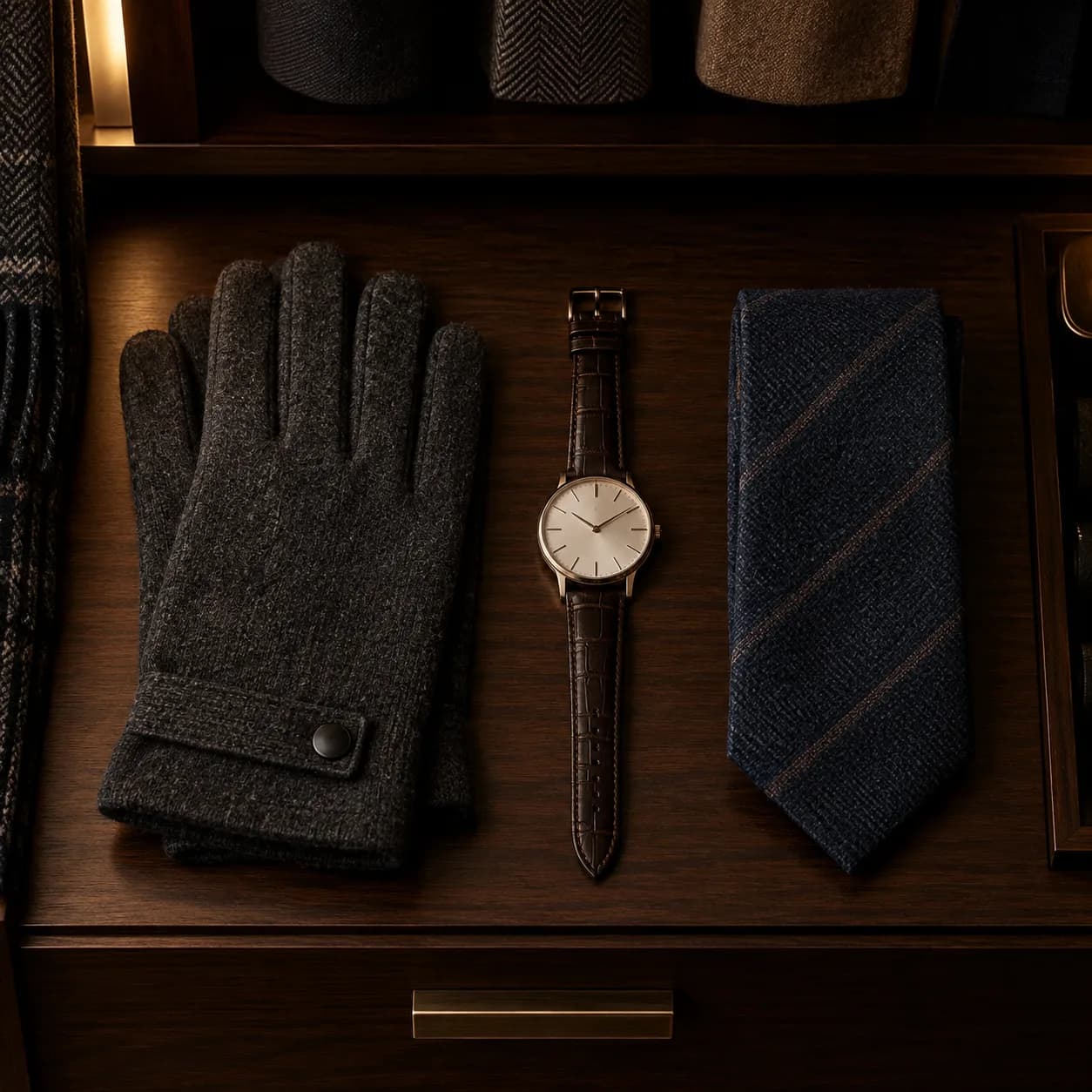 a wool glove pair, watch, and folded tie in a winter ceremony, dark walnut