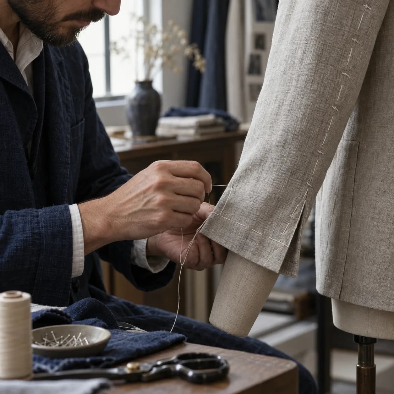 a close-up tailor in quiet atelier, hands and garment detail