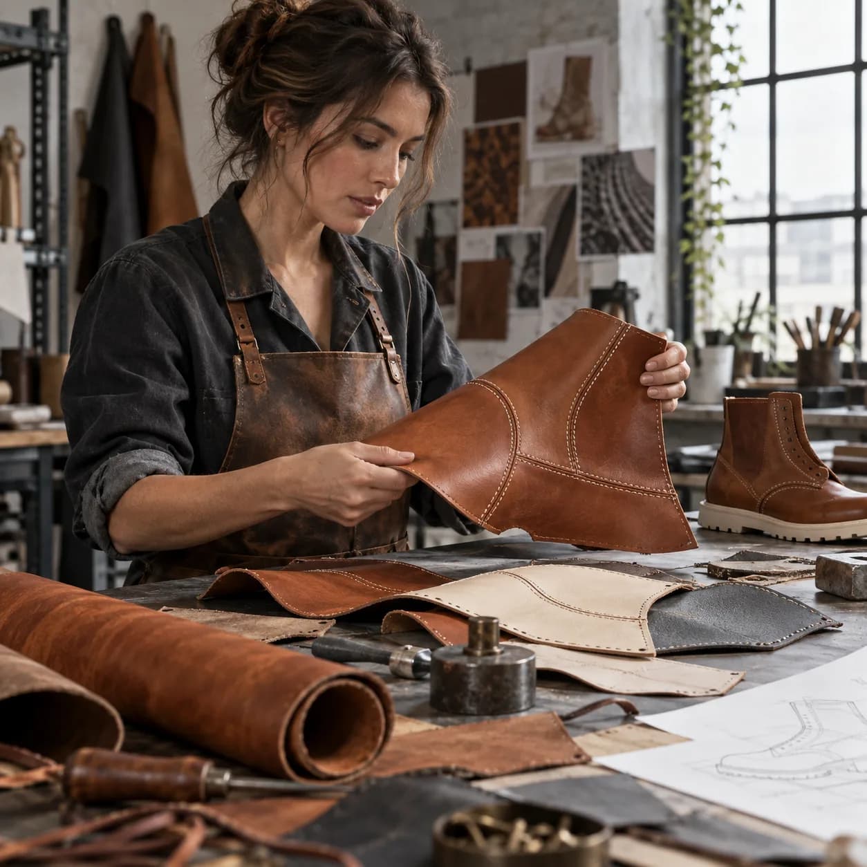 a footwear designer in industrial worktable, three-quarter craft scene