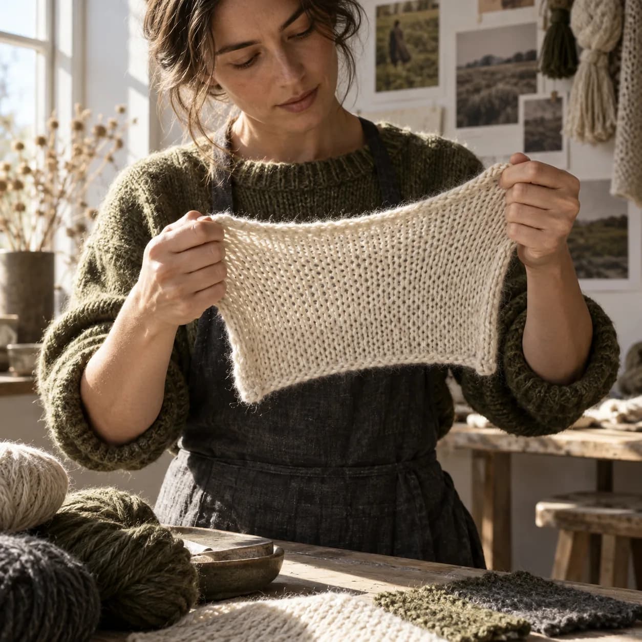 a knitwear maker in sunlit studio, mid-torso process portrait