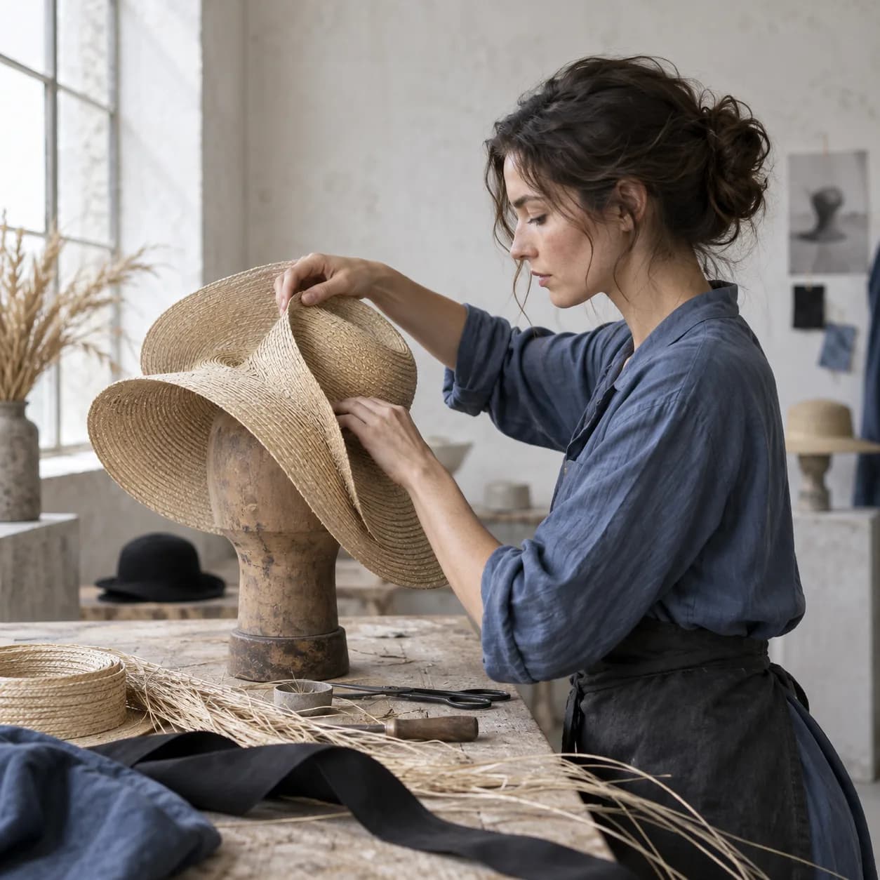 a milliner in plain plaster workshop, profile craft composition