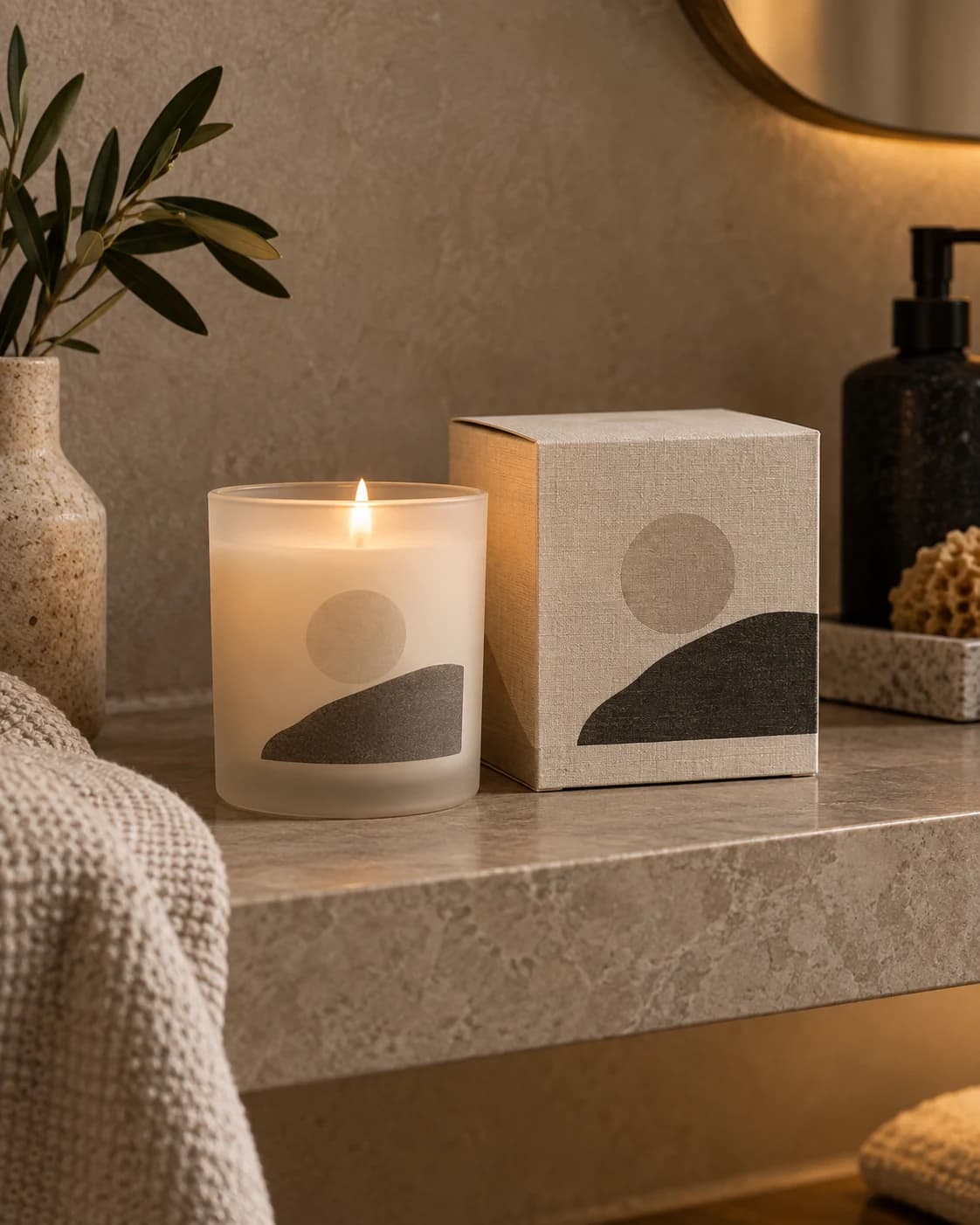 a linen candle box and vessel in a calm bathroom shelf, a front three-quarter mockup view with warm diffused lamp light