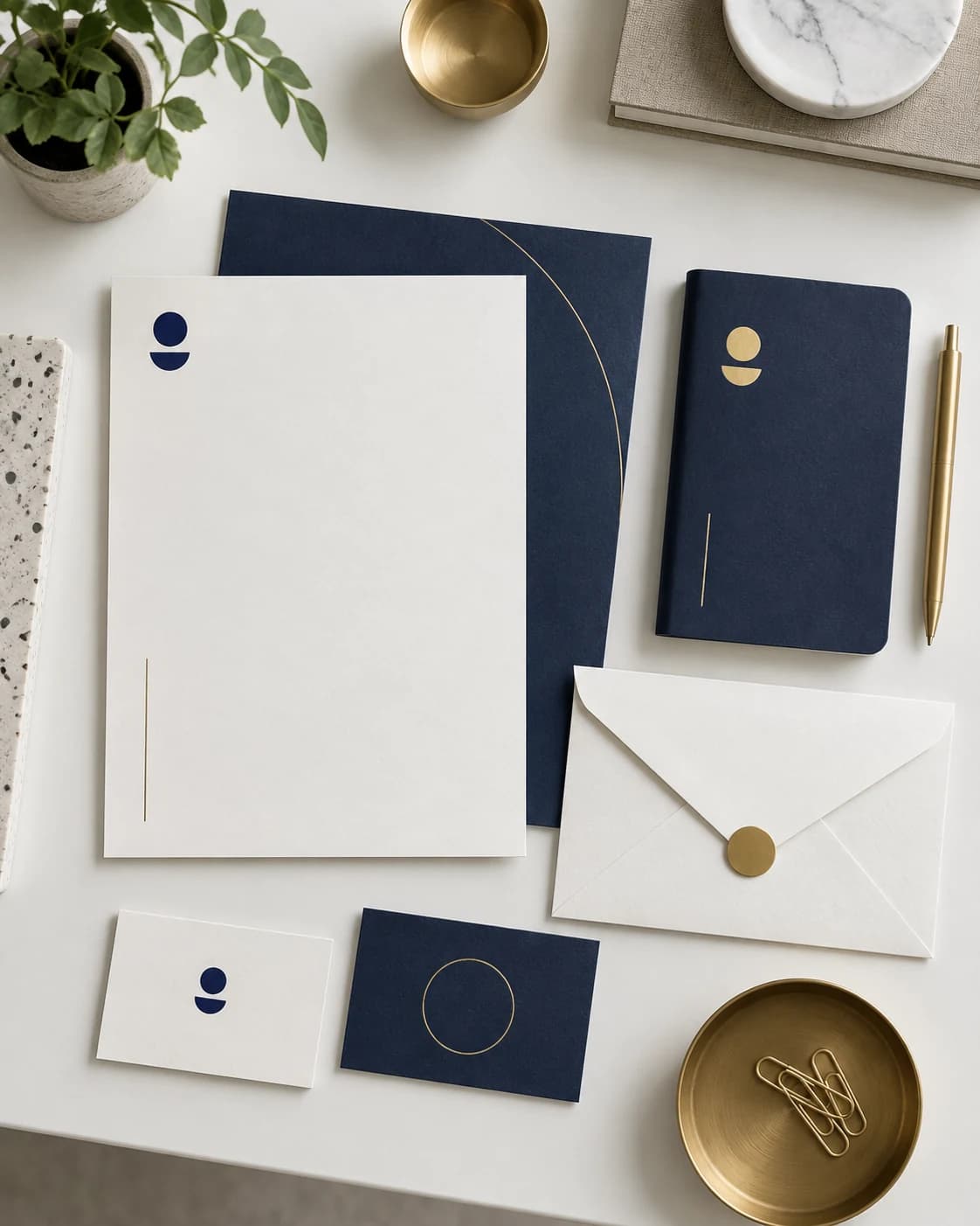 a minimal stationery set in a designer desk scene, a top-down arranged mockup with bright studio daylight