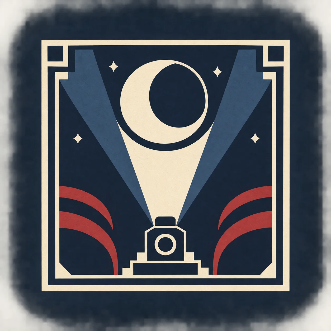 a fictional evening film society; projected light; a square-cornered badge
