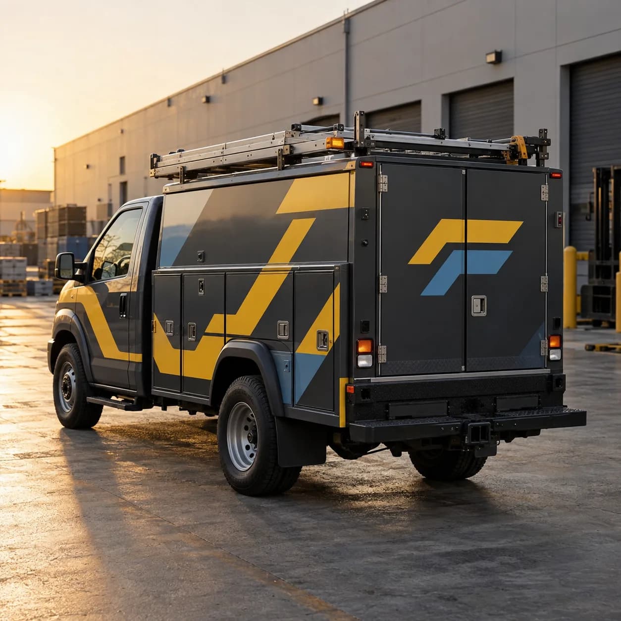 a traveling repair service identity system in a small utility truck, an industrial loading yard