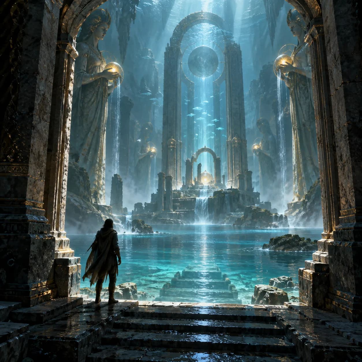 a tidal memory chamber in bioluminescent water and mist, foreground threshold into chamber