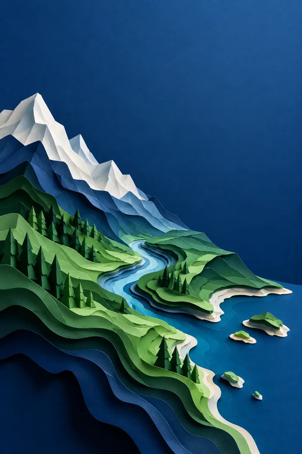 a coastal conservation campaign; layered topographic folds; deep blue paper