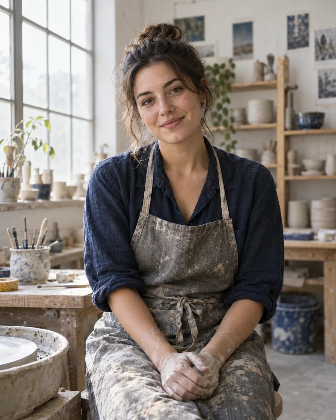 a ceramicist in a linen apron; steadying a freshly turned bowl; a bright working studio