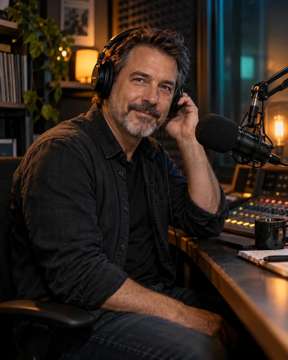 a sound engineer with salt-and-pepper hair; adjusting a mixing console; a warm recording booth