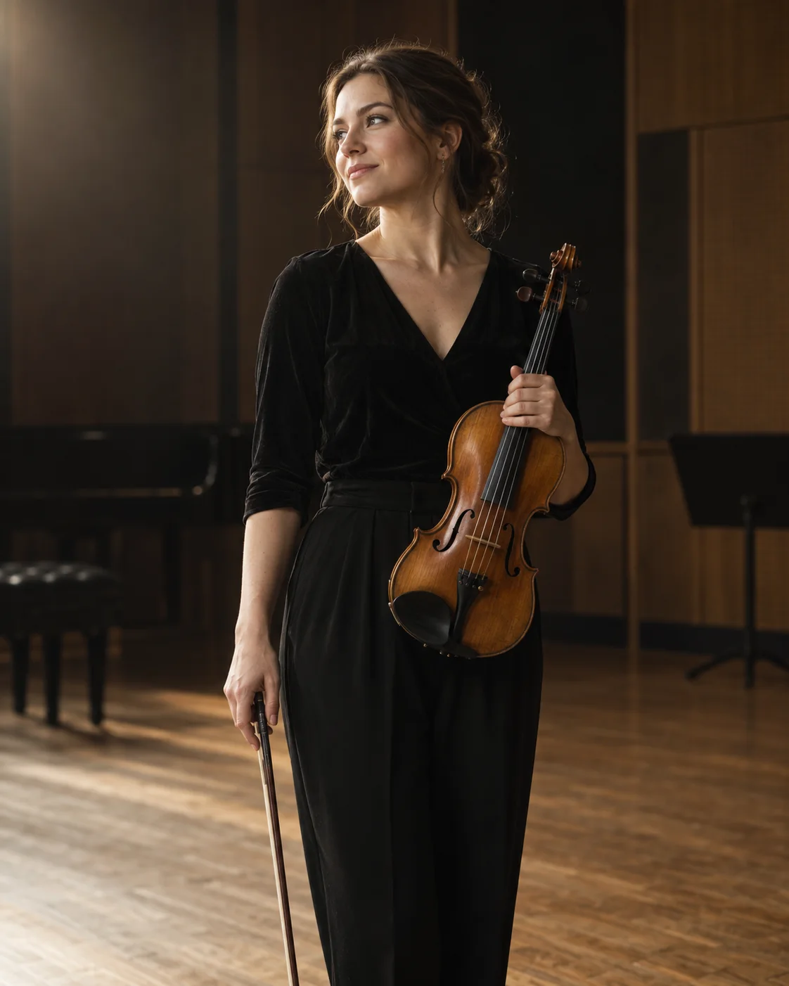 a violinist before rehearsal; resting the bow beside the instrument; a quiet concert hall