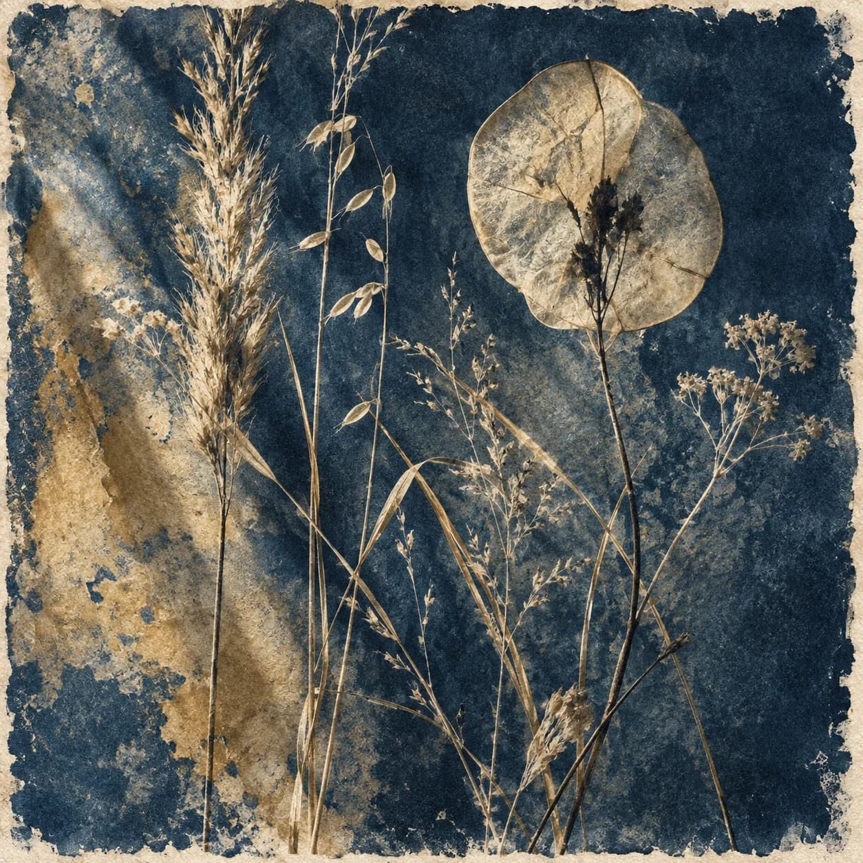 Branch, seed case, and feather in a gray lumen print study