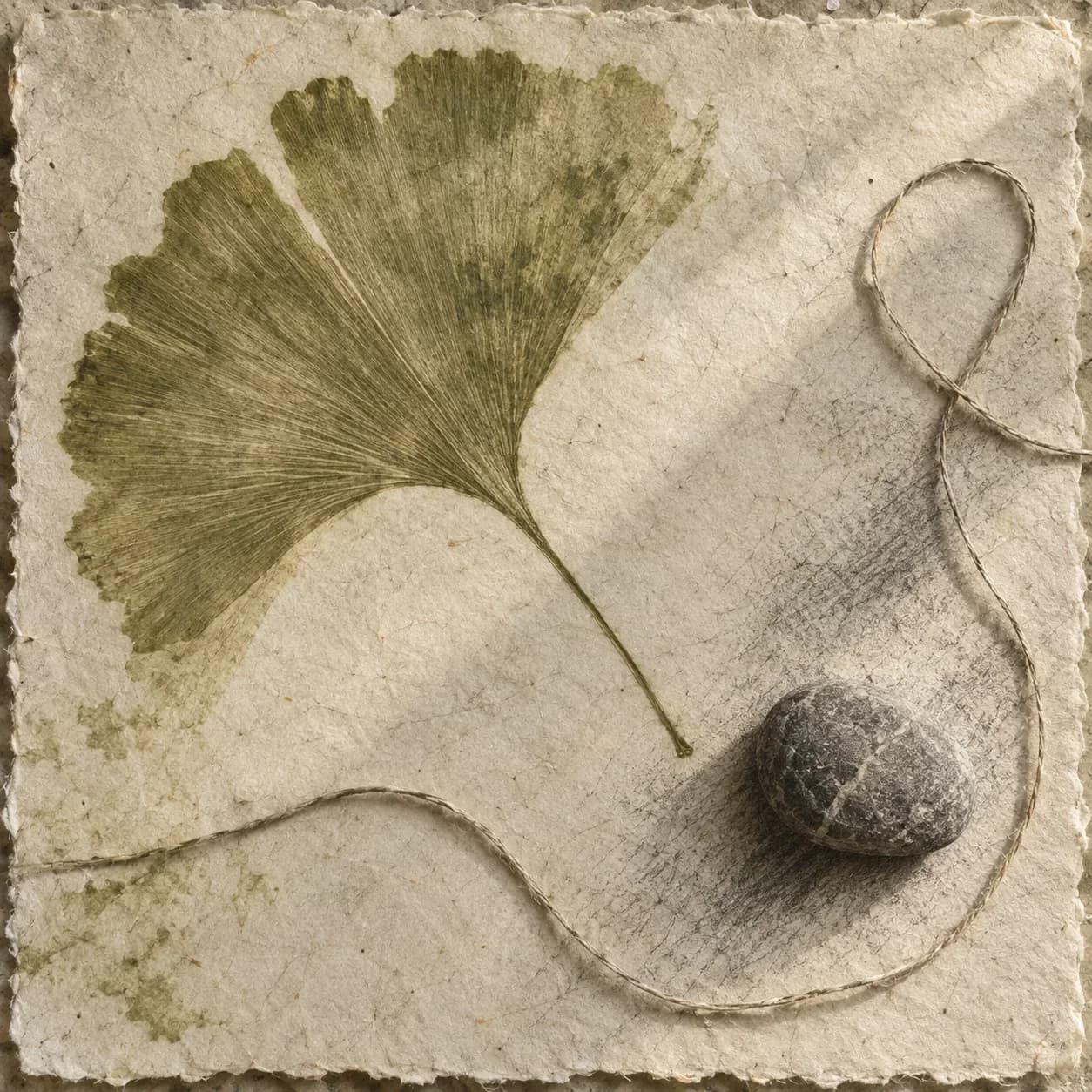 Curled fern, shell fragment, and thread in a charcoal contact print