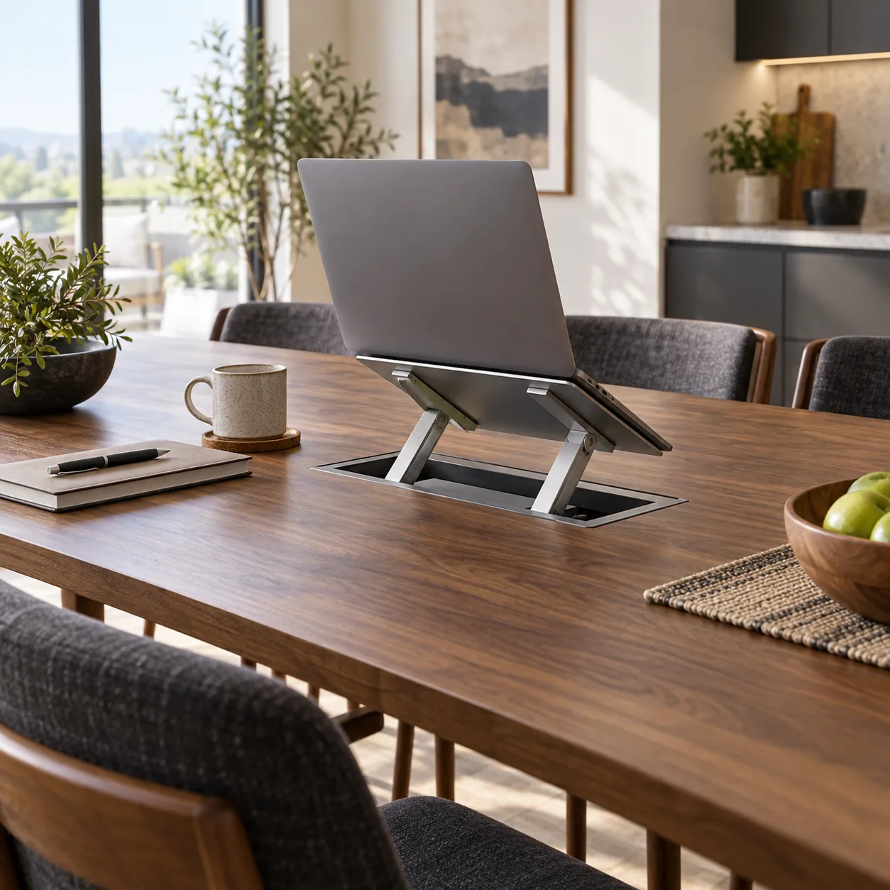 a foldable laptop stand in a shared dining table, a temporary work setup