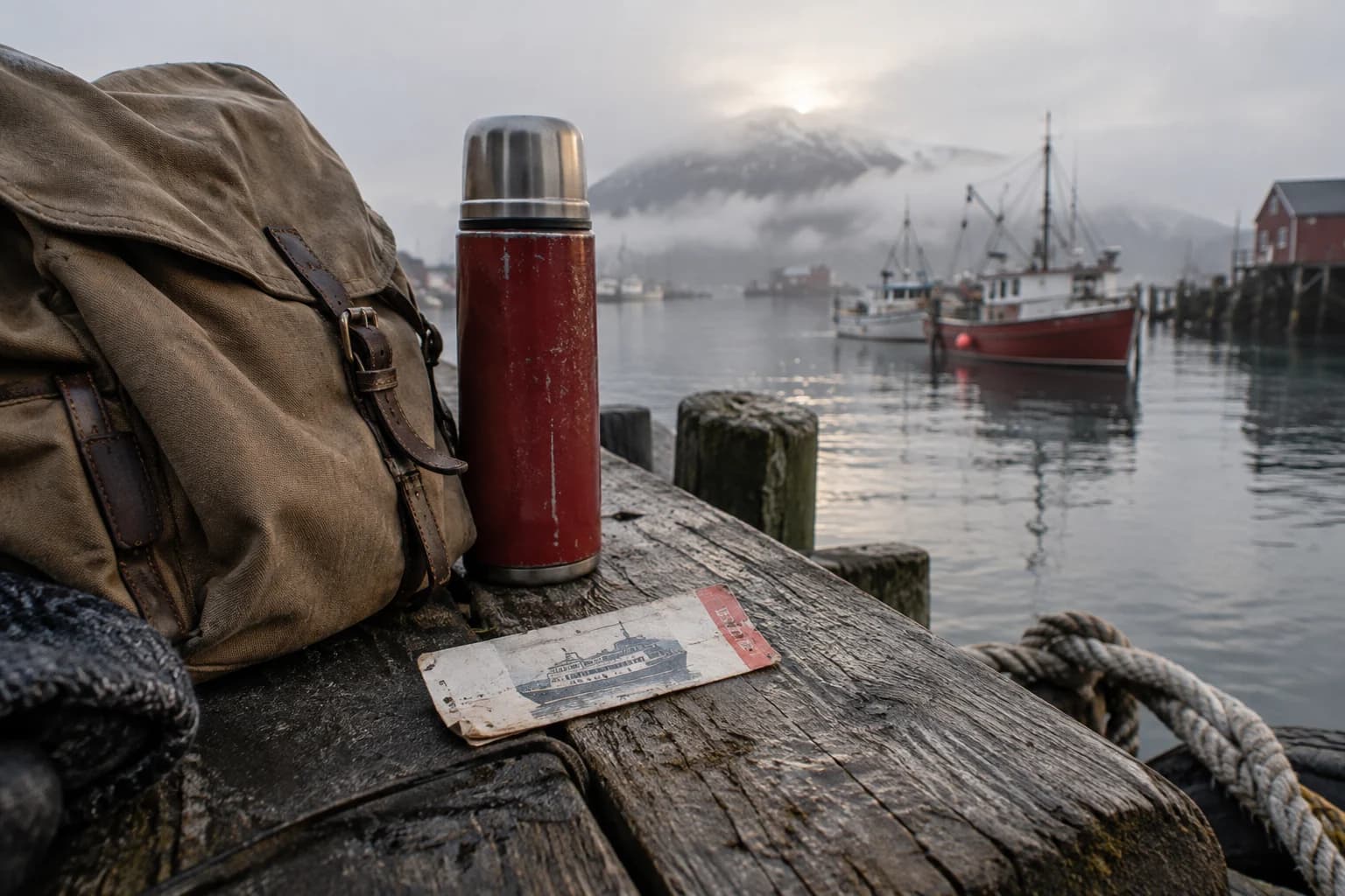 a rain-darkened ferry ticket sleeve and wool gloves in a northern harbor waiting bench, a close three-quarter detail with the water beyond with soft blue morning haze