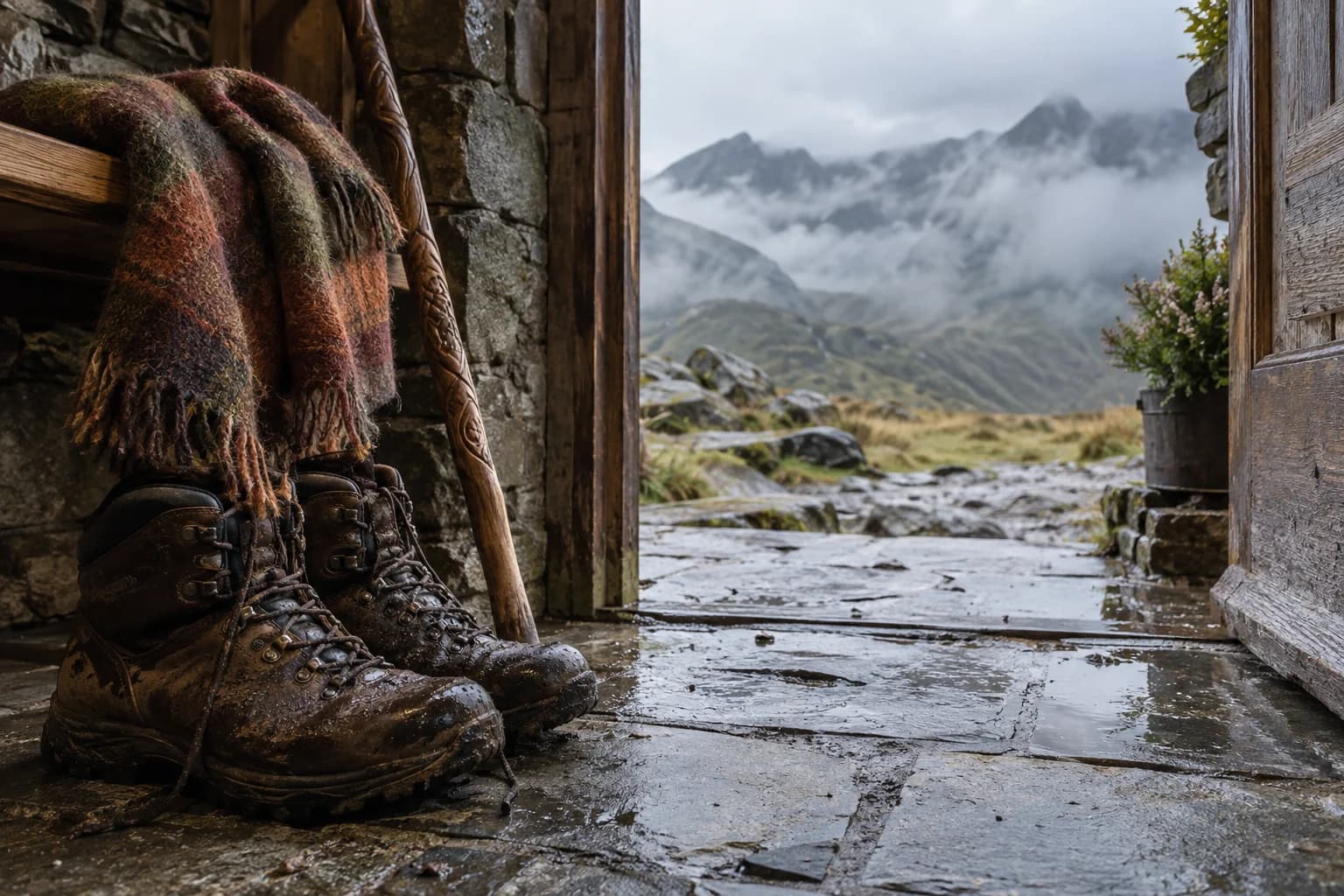 a pair of hiking boots beside a volcanic footbridge in a mossy highland trail after rain, a grounded foreground detail with misty path depth with diffused overcast light