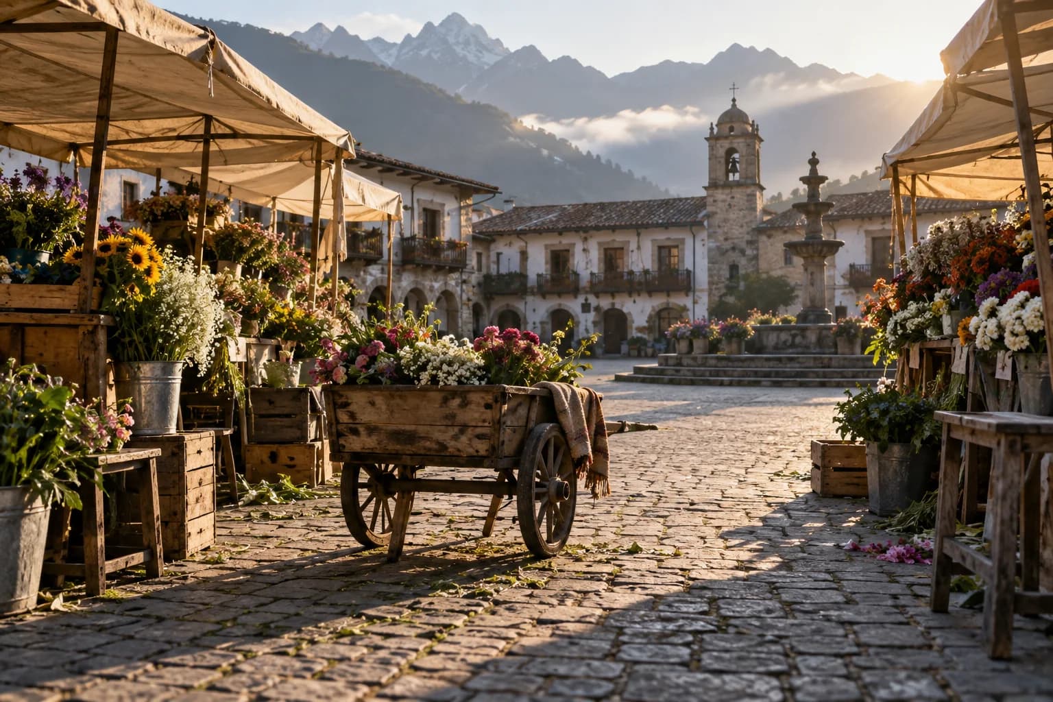 a flower market opening for the day; blue hour before sunrise; a hillside European town